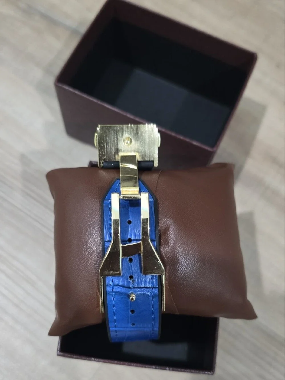 Gold-Tone Crystal Dial Men's Watch with Blue Leather Strap